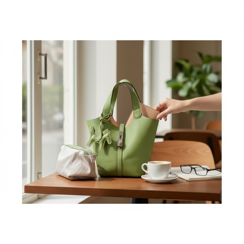 Green Faux Leather Bucket Handbag Purse Lock Charm Insert Organizer Quiet Luxury